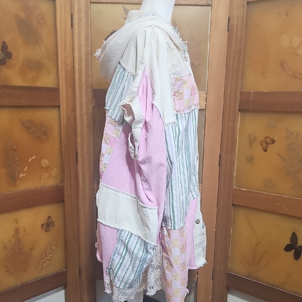 Boho Cottagecore Patchwork Button Down Distressed Oversized Hooded Shirt - Picture 9 of 16